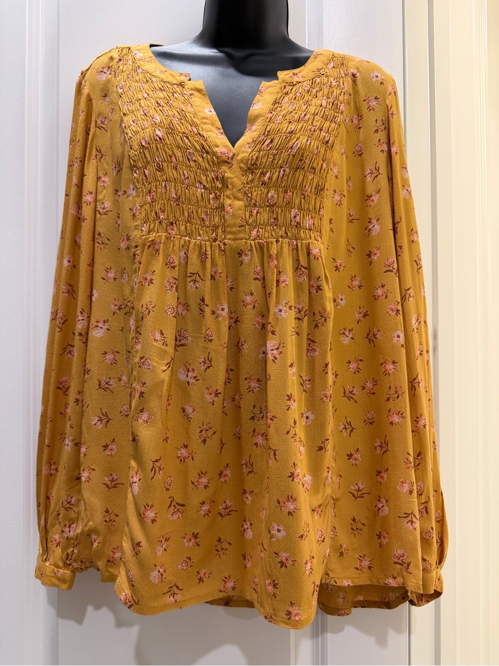Lucky Brand Floral Smocked Peasant Blouse Mustard Boho Top M